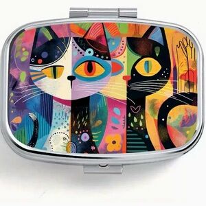Picasso Inspired Cat Pill Box-2 Compartment Rectangular Metal Travel Case. New
